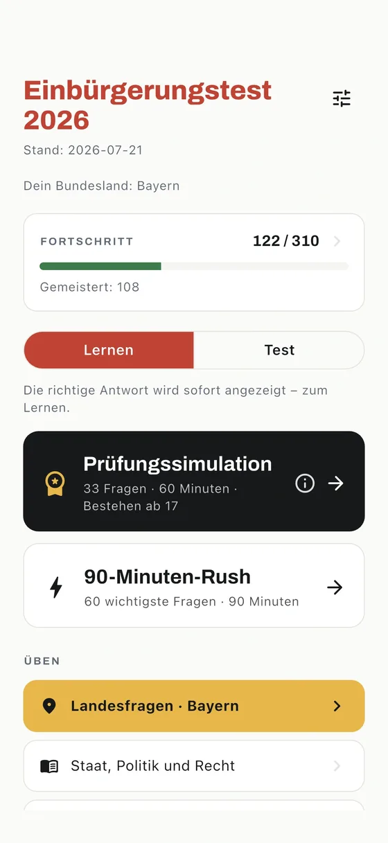 Startbildschirm der Einbürgerungstest-App