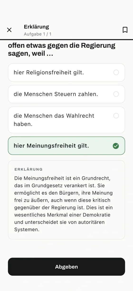 Erklärungsbildschirm der Einbürgerungstest-App