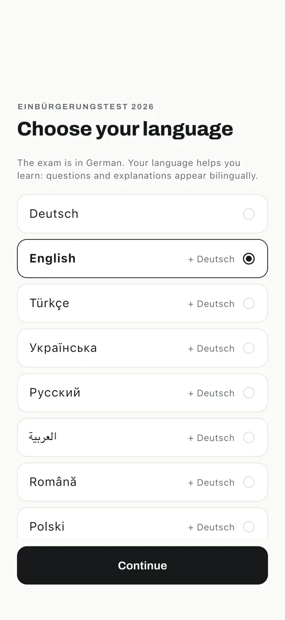 Einbürgerungstest app: Study in your language