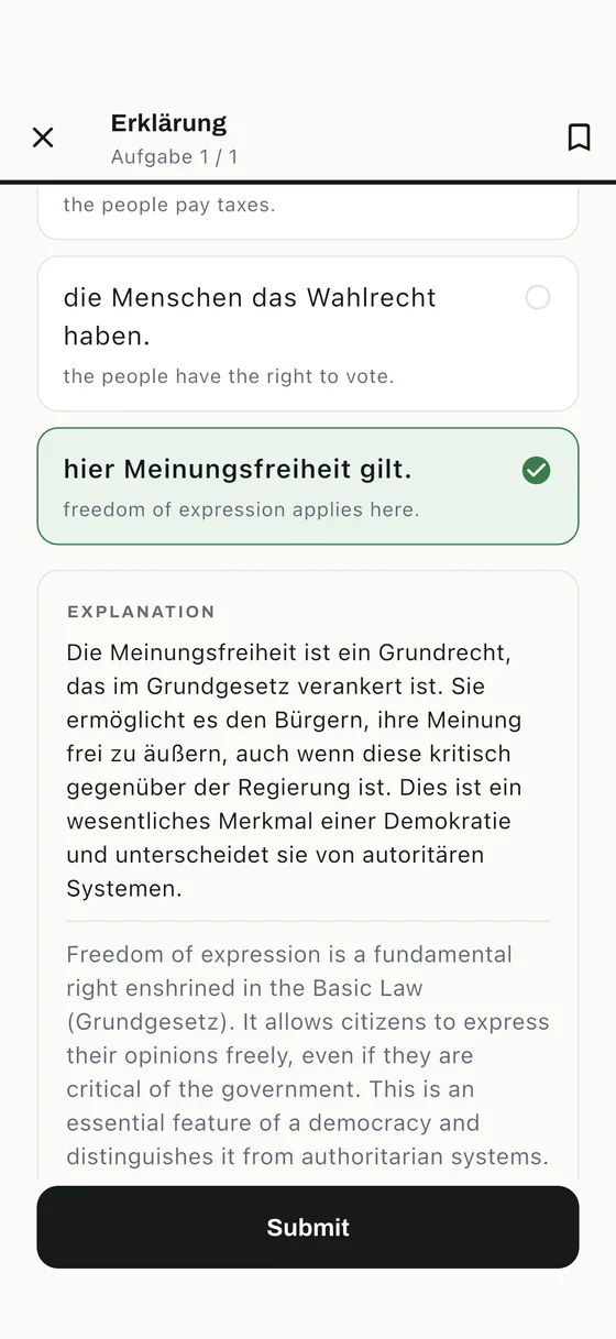 Explanation screen of the Einbürgerungstest app