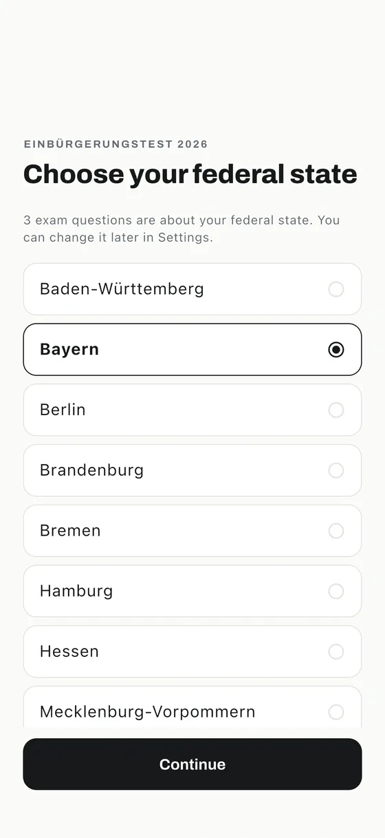 Einbürgerungstest app: Questions for your Bundesland