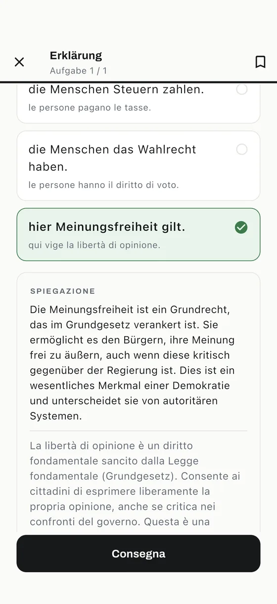 Schermata delle spiegazioni dell'app Einbürgerungstest