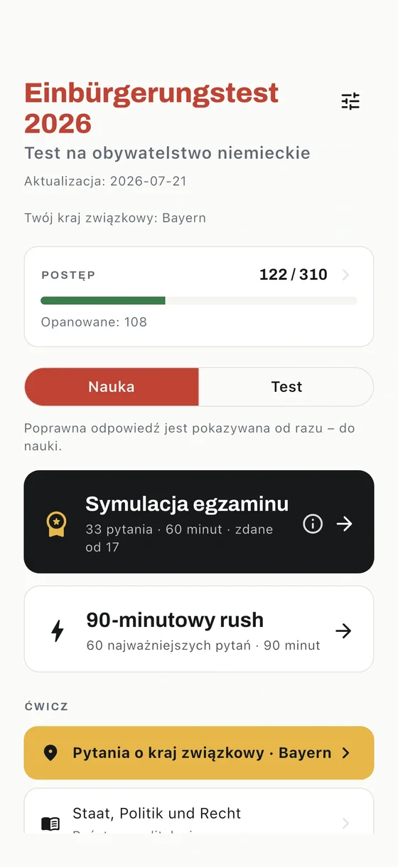 Ekran startowy aplikacji Einbürgerungstest