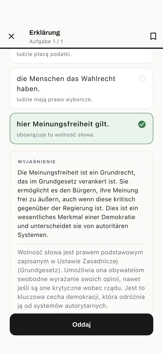 Ekran z wyjaśnieniem w aplikacji Einbürgerungstest