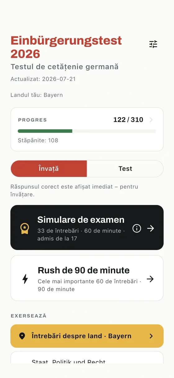 Ecranul de pornire al aplicației Einbürgerungstest