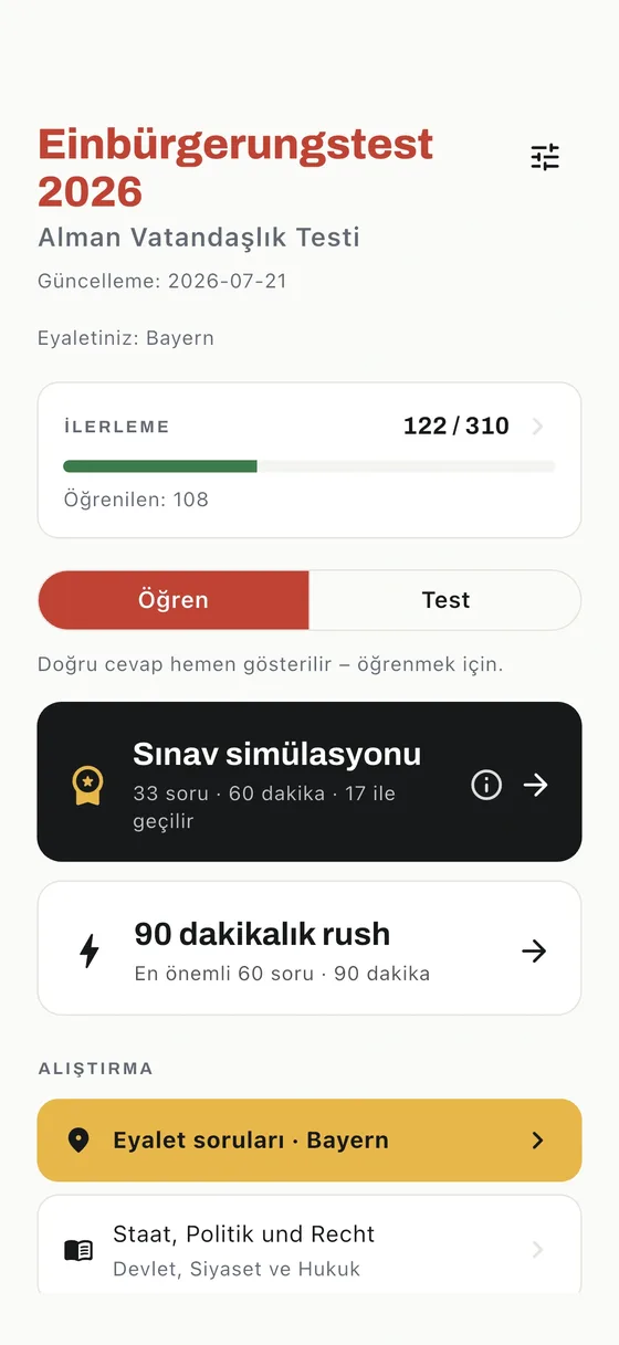 Einbürgerungstest uygulamasının başlangıç ekranı