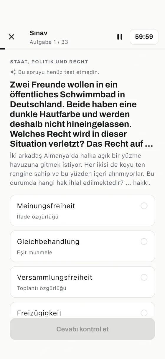 Einbürgerungstest uygulaması: Gerçek sınavı simüle et