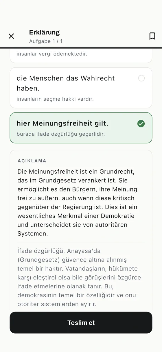 Einbürgerungstest uygulamasının açıklama ekranı