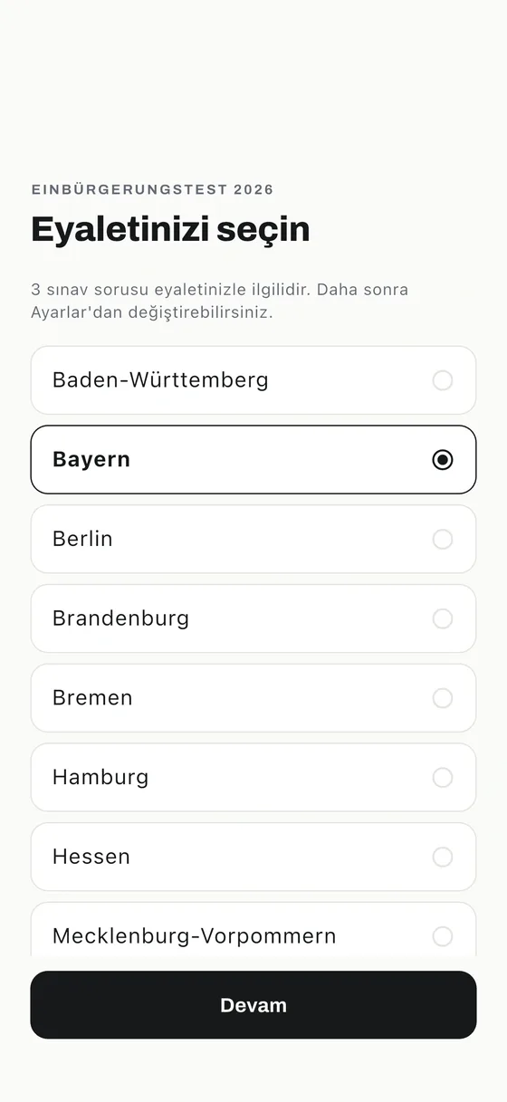 Einbürgerungstest uygulaması: Eyaletin (Bundesland) için sorular